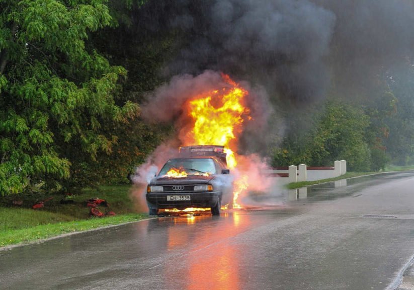 Car on Fire on the Road